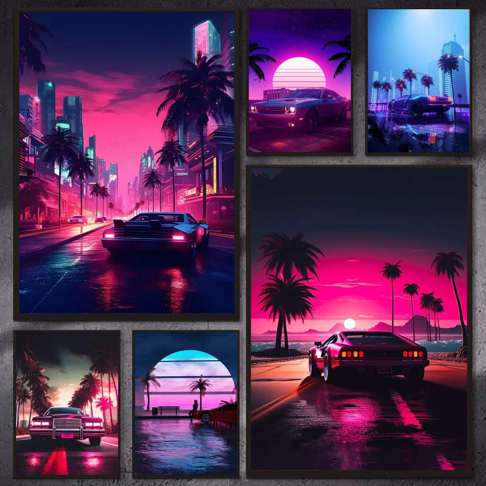 Retro Gaming Wallpaper - Cyberpunk 80'ler Retro araba şehir posteri