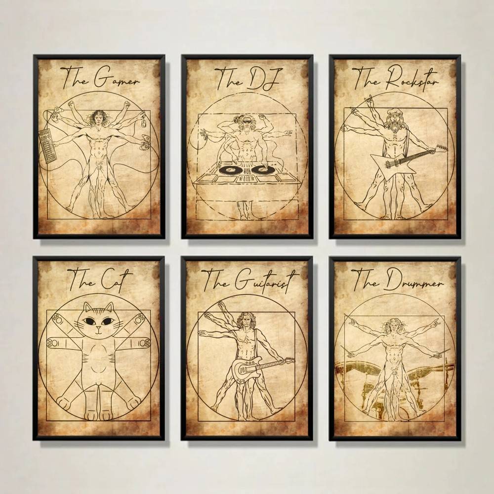 Retro Gaming Wallpaper - Vintage Vitruvian Tarzı Müzik Oyuncu Kedi